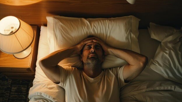 Man awake at night sitting on the edge of the bed