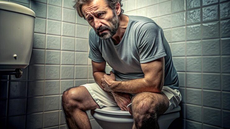 Older man holding his lower abdomen in discomfort